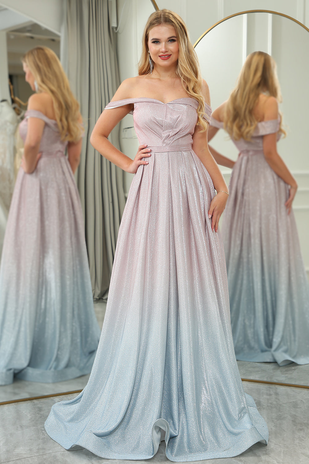 Blush A Line Off the Shoulder Long Prom Dress With Pleats