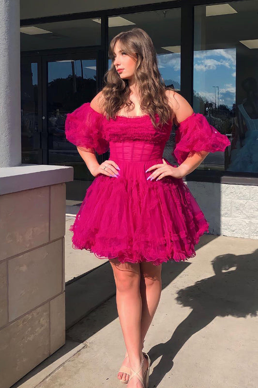 Fuchsia Corset Puff Sleeves A-Line Short Tulle Homecoming Dress with Ruffles