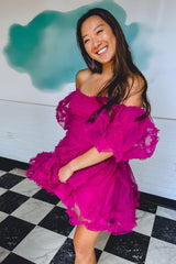 Fuchsia Corset Puff Sleeves A-Line Short Homecoming Dress with Ruffles