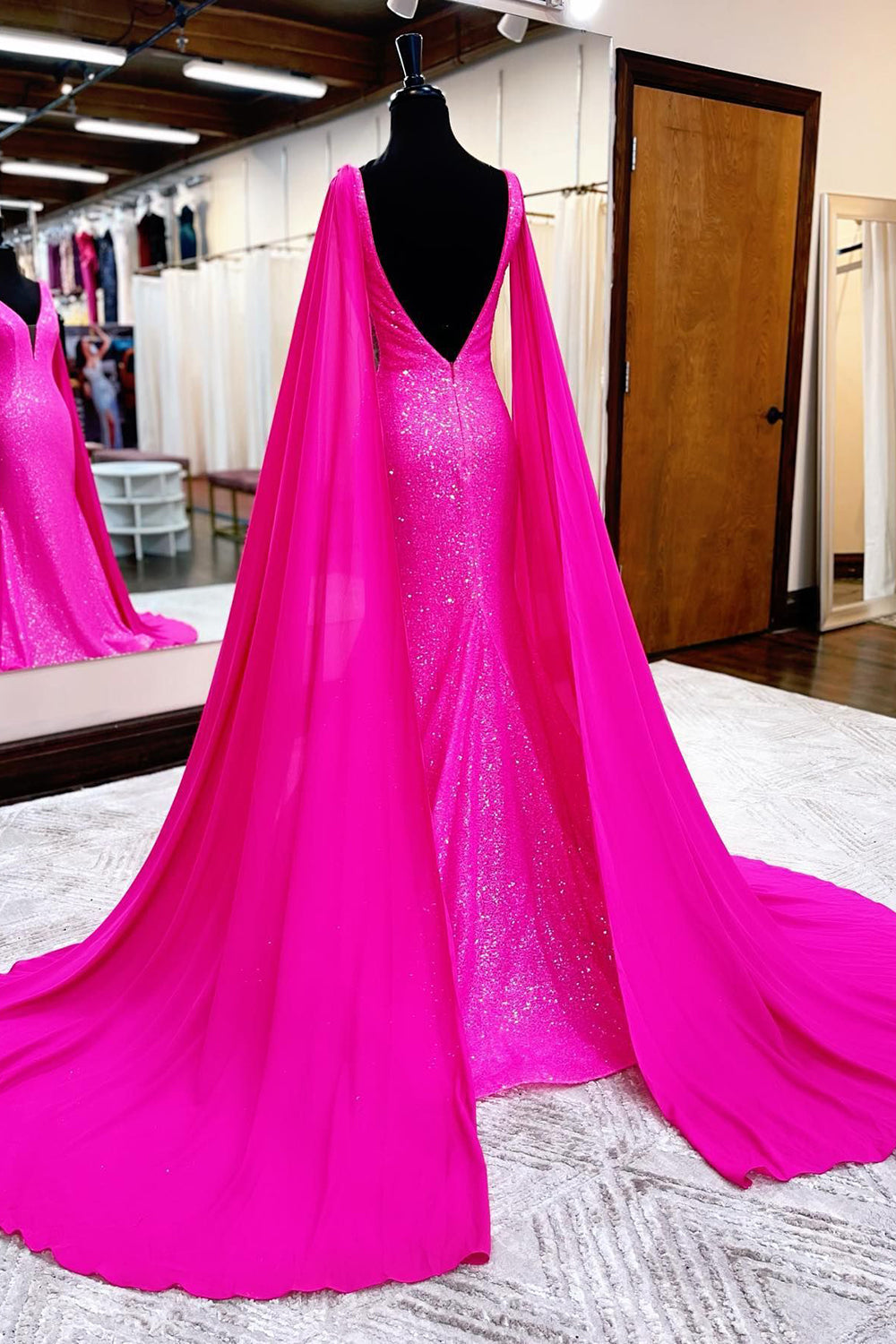 Hot Pink Mermaid Prom Dress With Wateau Train