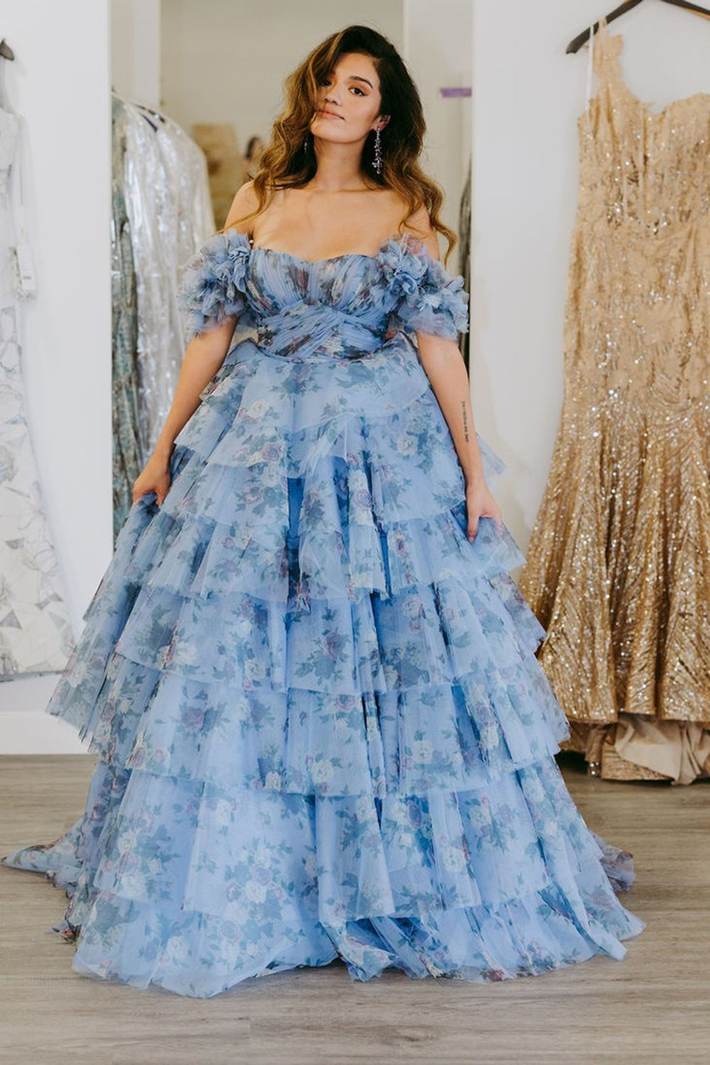 Blue Floral Tiered A-Line Long Prom Dress with Ruffles