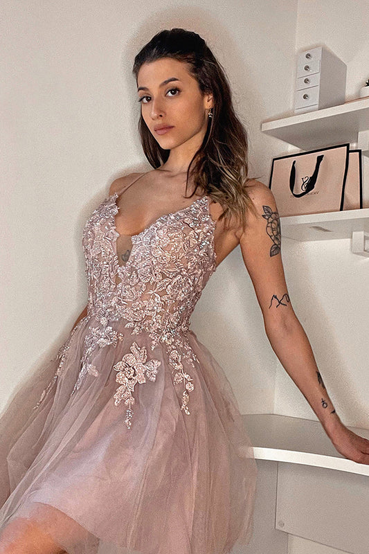 Blush A-Line Tulle Short Homecoming Dress with Appliques