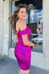 Sparkly Hot Pink Detachable Off the Shoulder Sequins Tight Homecoming Dress