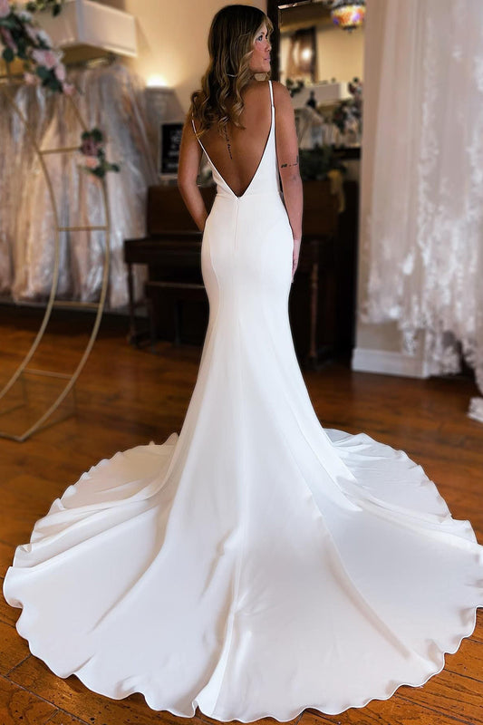 Boho Simple White Mermaid Backless Wedding Dress