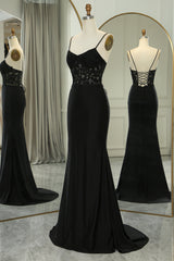 Black Mermaid Spaghetti Straps Long Corset Prom Dress