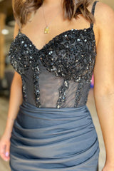 Glitter Black Corset Satin Asymmetrical Tight Short Homecoming Dress with Sequins