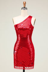 Glitter Red One Shoulder Sequins Stars Tight Short Homecoming Dress