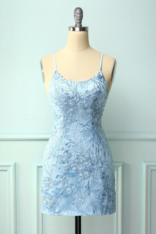 Light Blue Tight Hoco Dress with Appliques