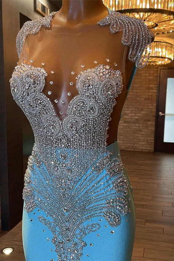 Blue Sleeveless Mermaid Evening Dress with Appliques and Rhinestones