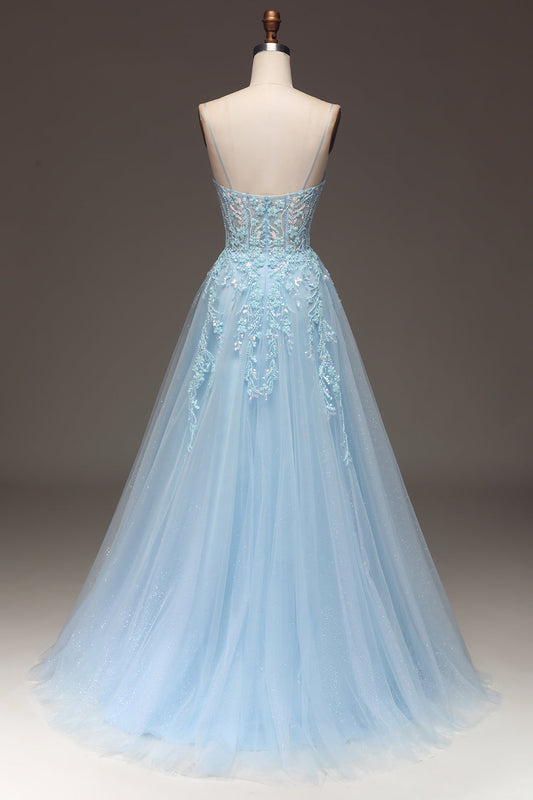 A Line Light Blue Long Prom Dress With Appliques