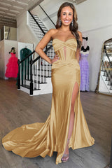 Dark Green Mermaid Sweetheart Long Satin Prom Dress with Slit