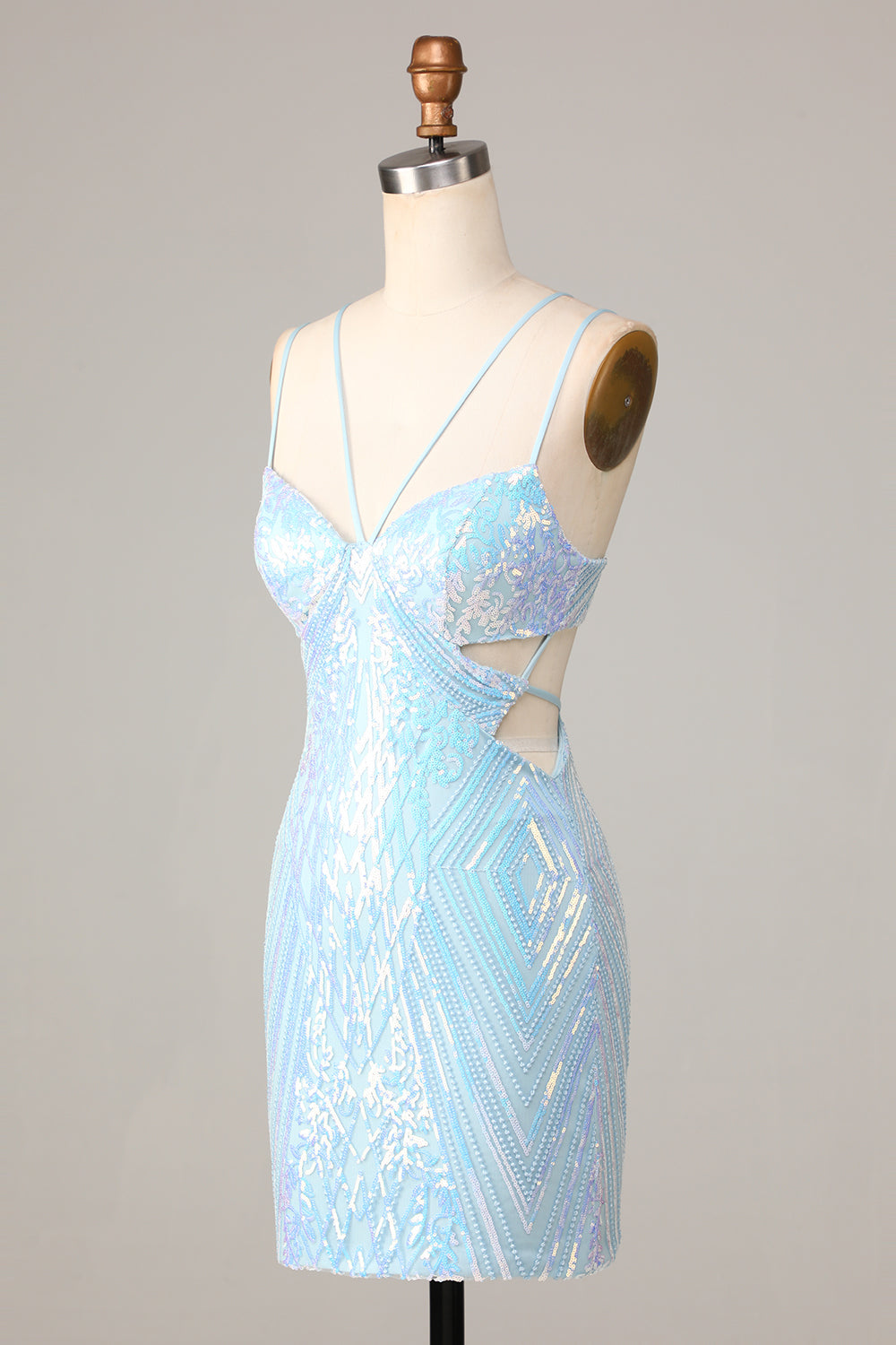 Bodycon Spaghetti Straps Blue Sequins Short Homecoming Dress