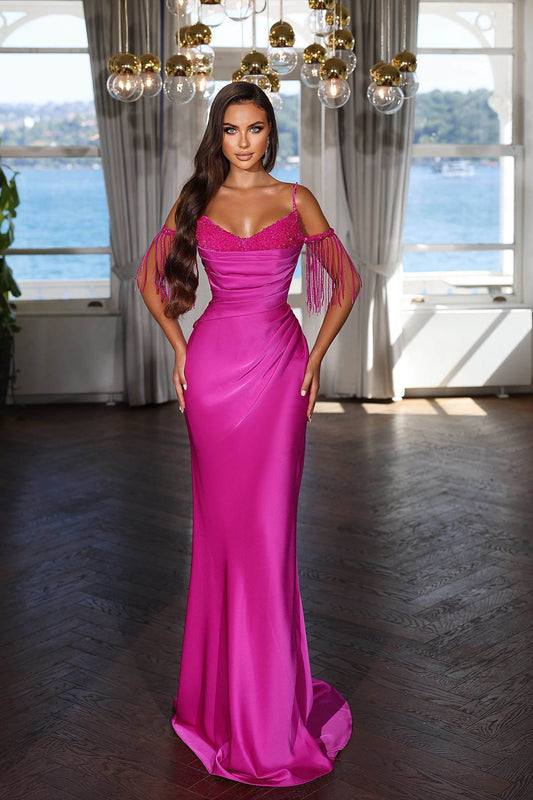 Fuchsia Spaghetti Strap Evening Dress with Pleated Tassel Sequins