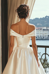 Dreamyannie A Line High Low White Wedding Dress Off The Shoulder Satin Bridal Gown