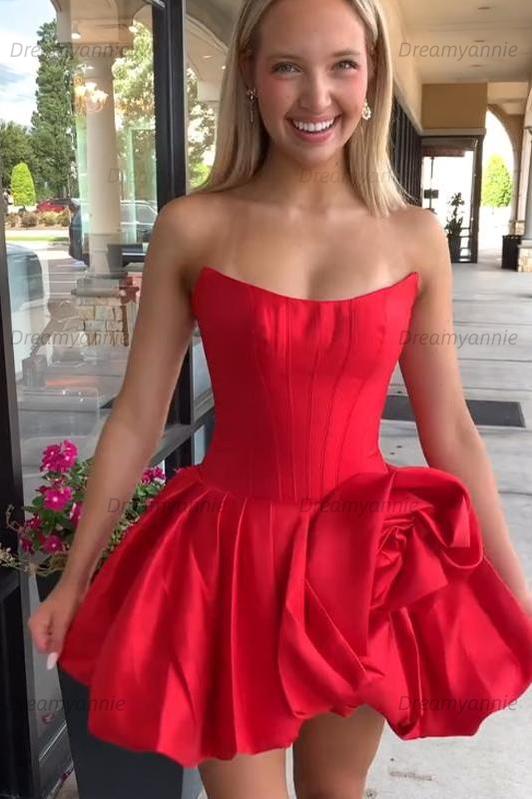 Strapless Satin Corset Bubble Dress with Oversized Rosette Homecoming Dresses