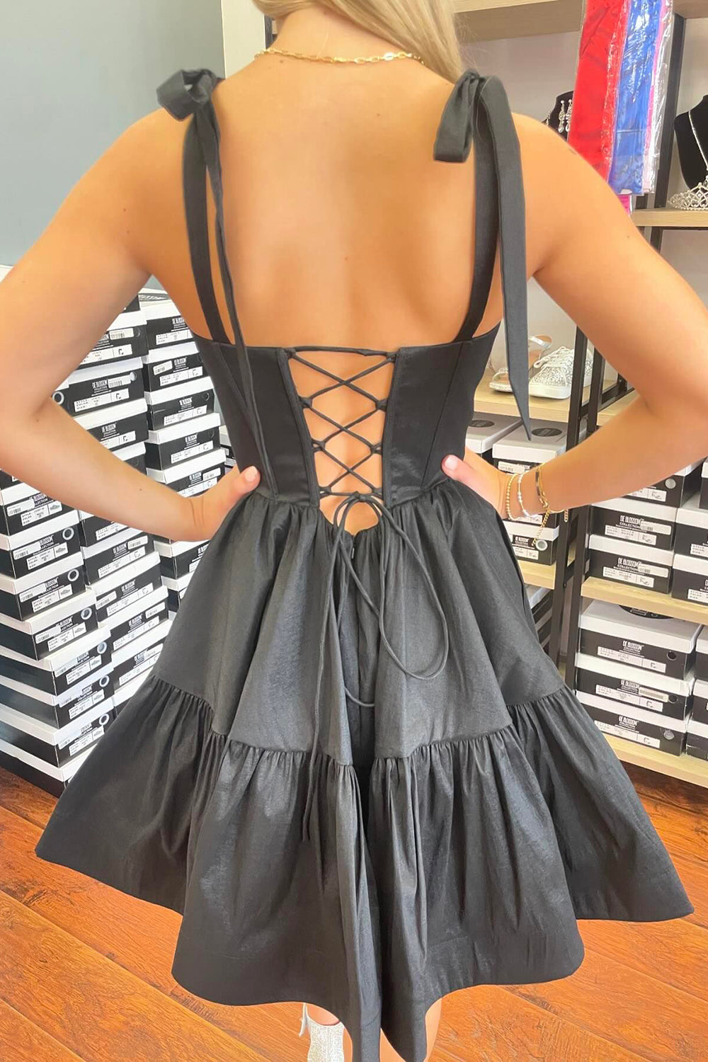 A-Line Black Homecoming Dress Adjustable Straps Corset Short Prom Dress with Ruffles