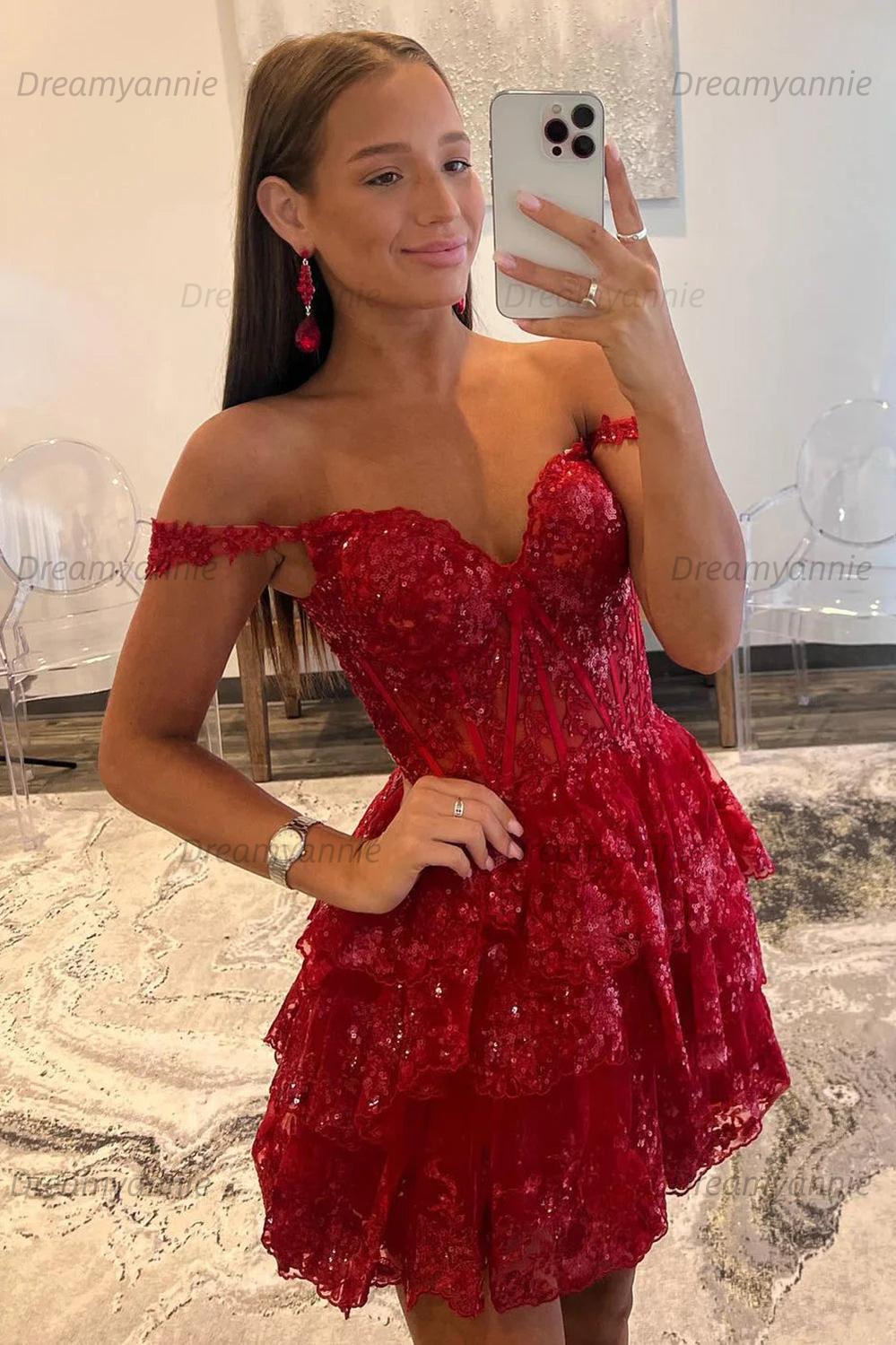 A-Line Black Homecoming Dress Tiered Short Cocktail Dresses with Lace