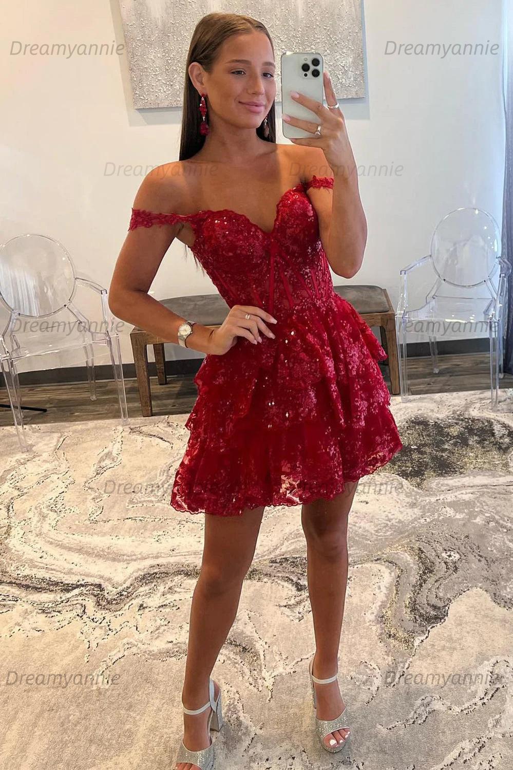 A-Line Black Homecoming Dress Tiered Short Cocktail Dresses with Lace