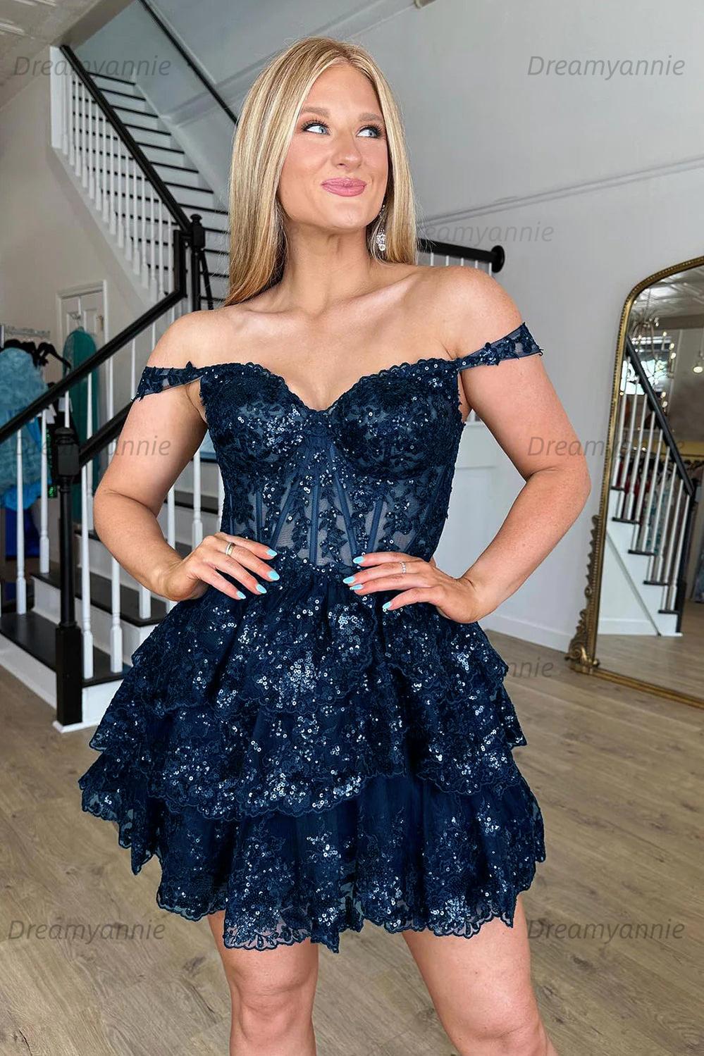 A-Line Black Homecoming Dress Tiered Short Cocktail Dresses with Lace