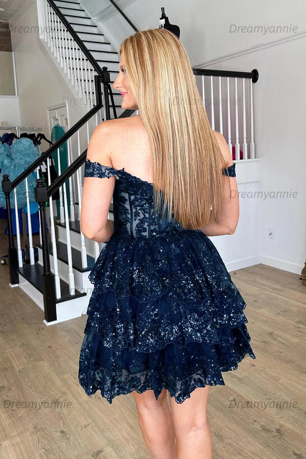 A-Line Black Homecoming Dress Tiered Short Cocktail Dresses with Lace