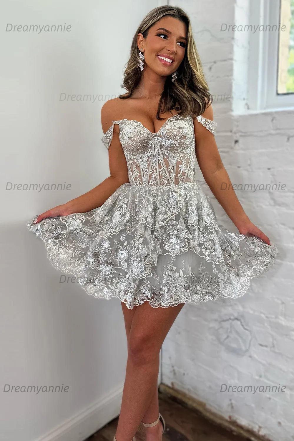A-Line Black Homecoming Dress Tiered Short Cocktail Dresses with Lace