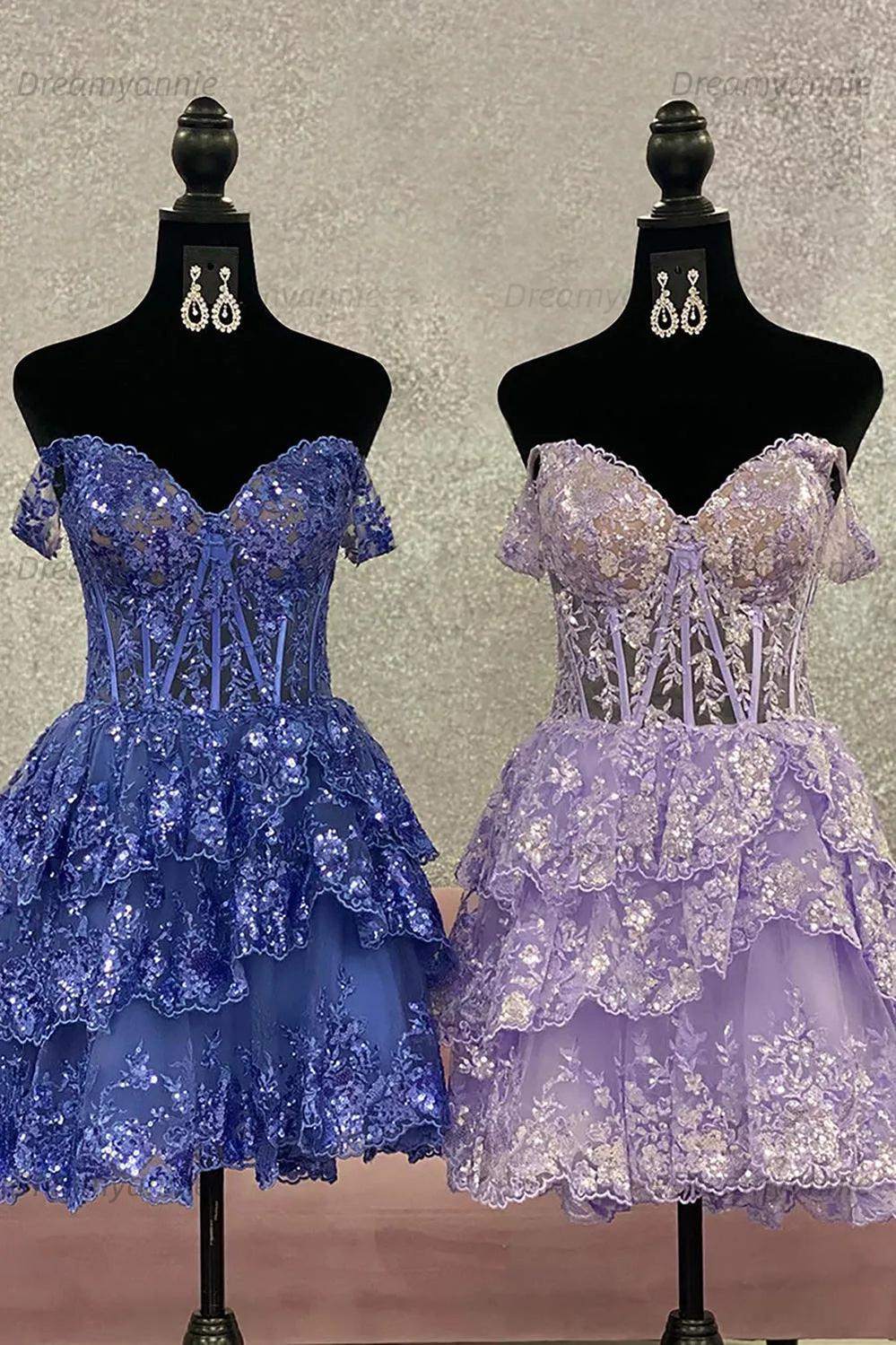 A-Line Black Homecoming Dress Tiered Short Cocktail Dresses with Lace