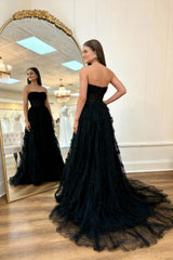 A Line Black Strapless Corset Tulle Long Prom Dress with Lace