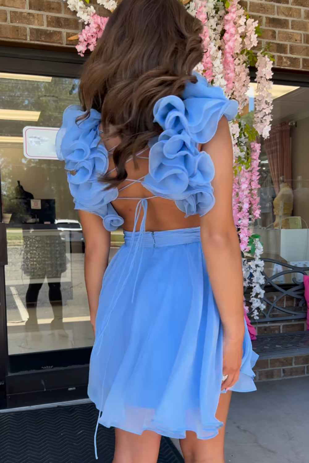A Line Blue Homecoming Dress Floral Short Prom Dress