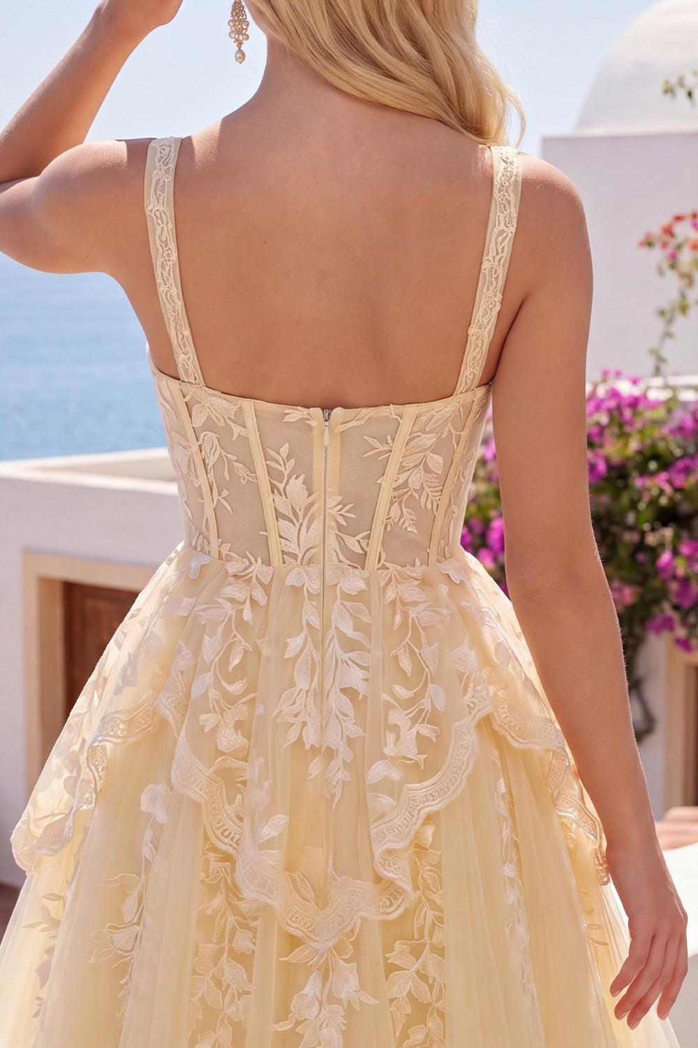 A Line Butter Yellow Lace V-Neck Ruffled Short Corset Homecoming Dress