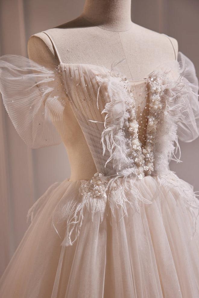 A Line Champagne Wedding Dress Lace Long Formal Evening Dress
