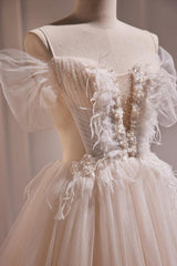 A Line Champagne Wedding Dress Lace Long Formal Evening Dress