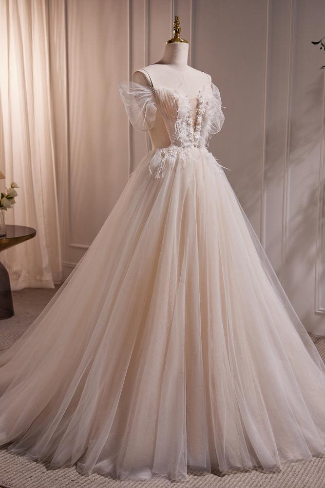 A Line Champagne Wedding Dress Lace Long Formal Evening Dress