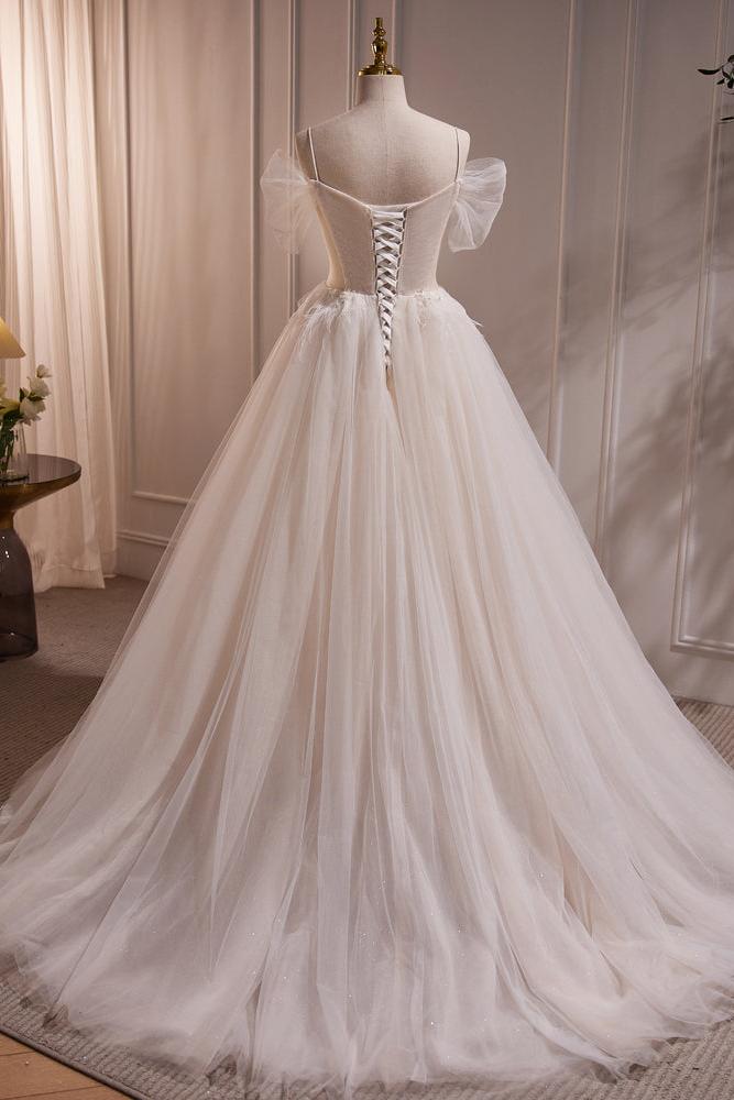 A Line Champagne Wedding Dress Lace Long Formal Evening Dress