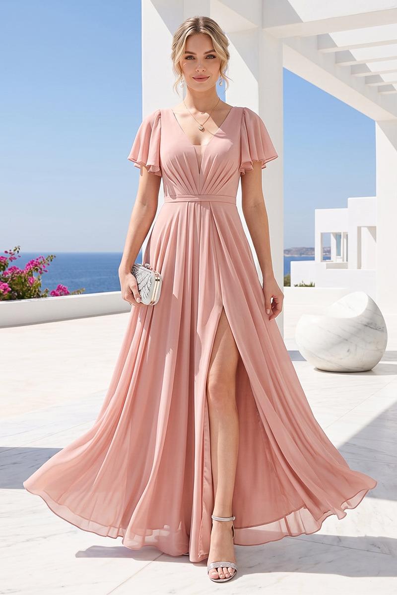 A-Line Deep V-Neck Short Sleeves Split Side Chiffon Bridesmaid Dresses