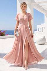 A-Line Deep V-Neck Short Sleeves Split Side Chiffon Bridesmaid Dresses