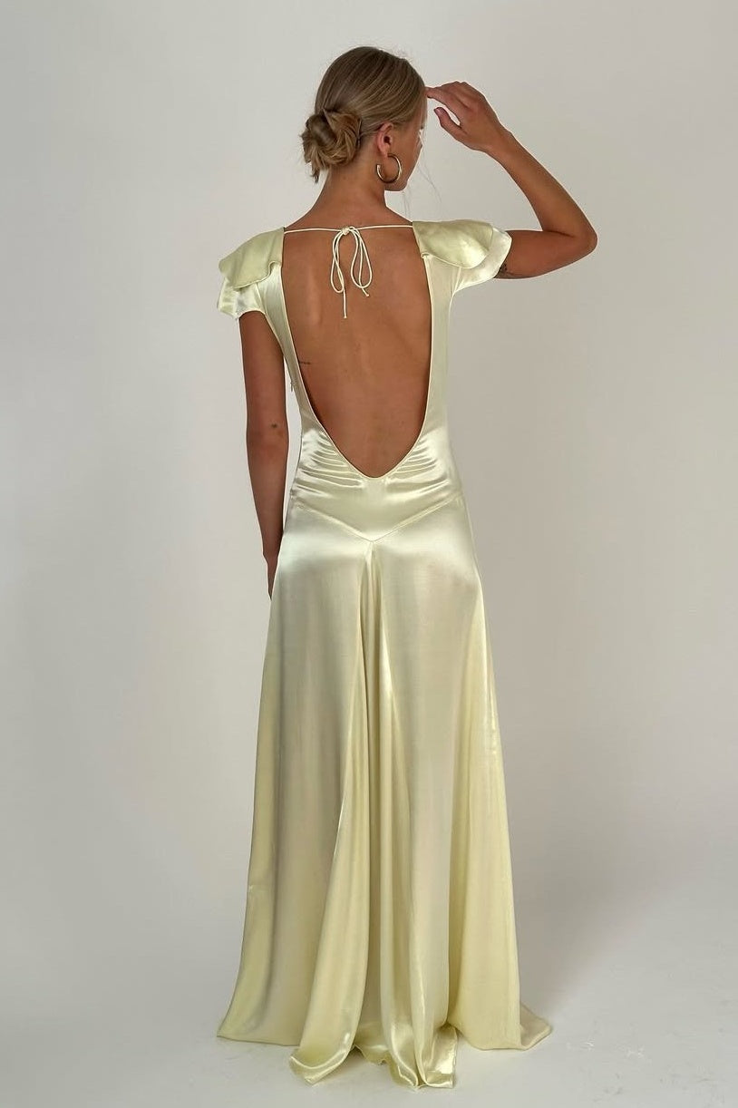 A Line Deep V Neck Yellow Long Party Dress With Open Back Formal Evening Gown