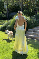 A Line Deep V Neck Yellow Long Party Dress With Open Back Formal Evening Gown