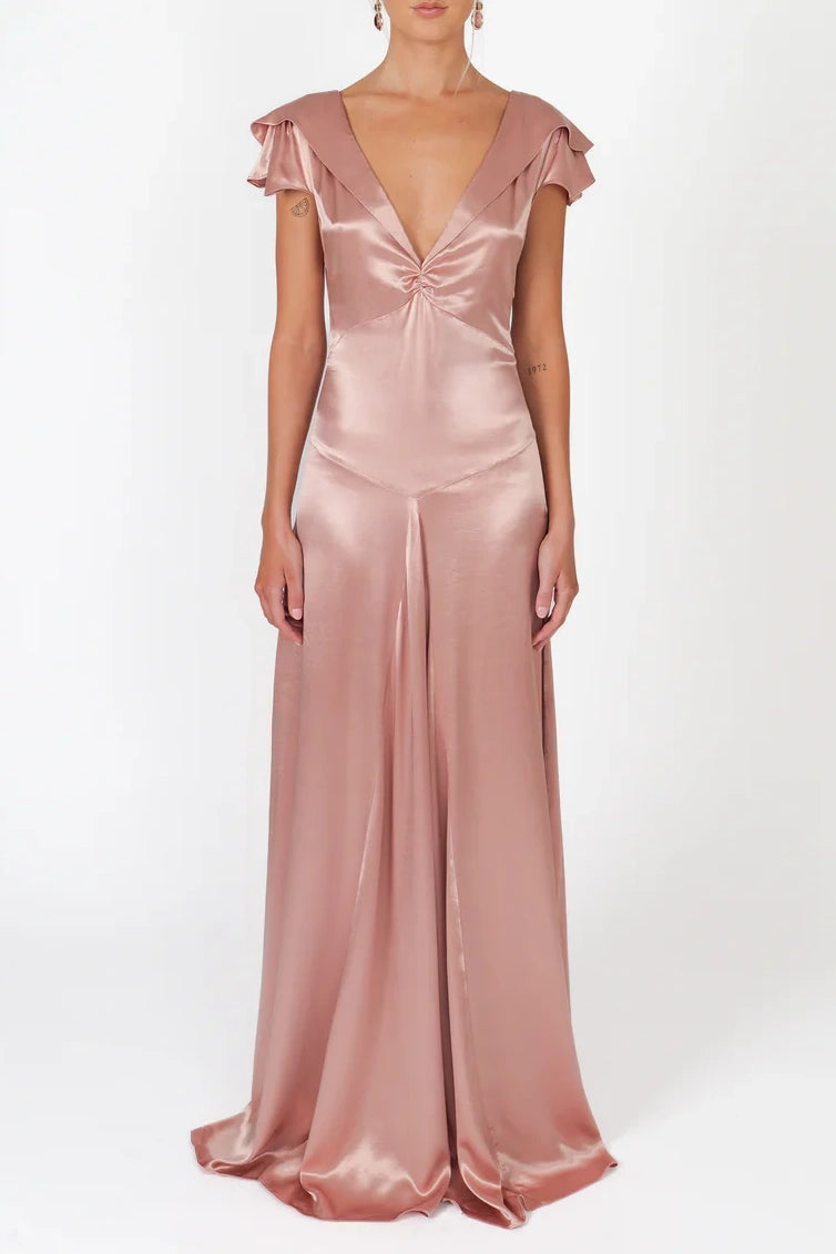 A Line Deep V Neck Yellow Long Party Dress With Open Back Formal Evening Gown