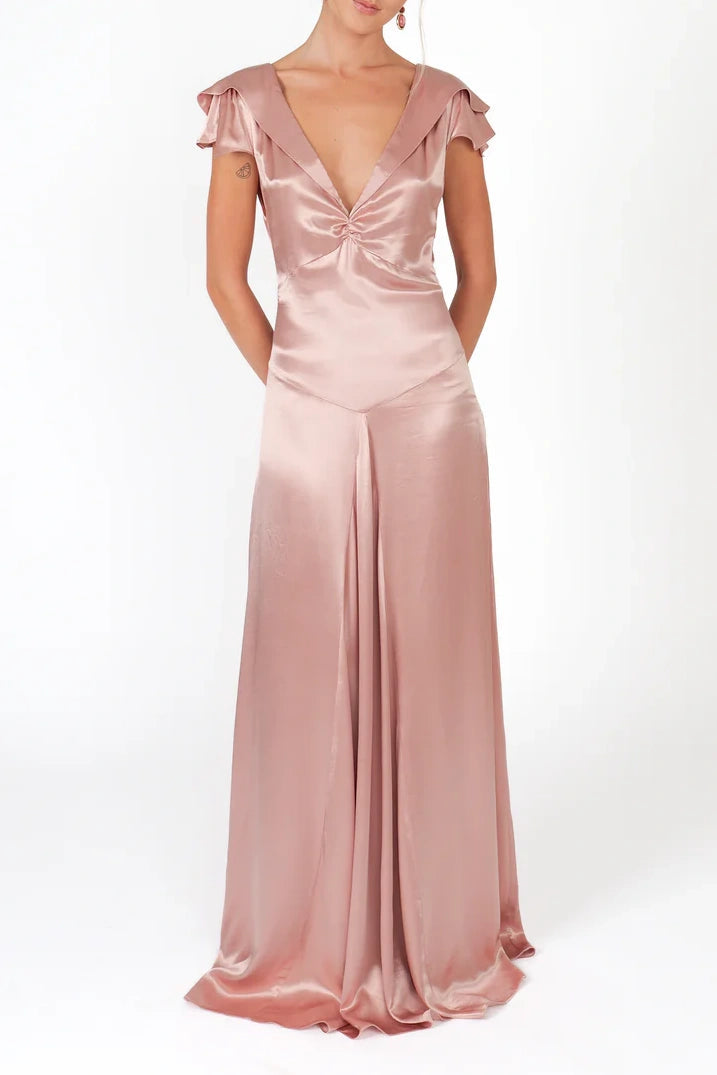 A Line Deep V Neck Yellow Long Party Dress With Open Back Formal Evening Gown