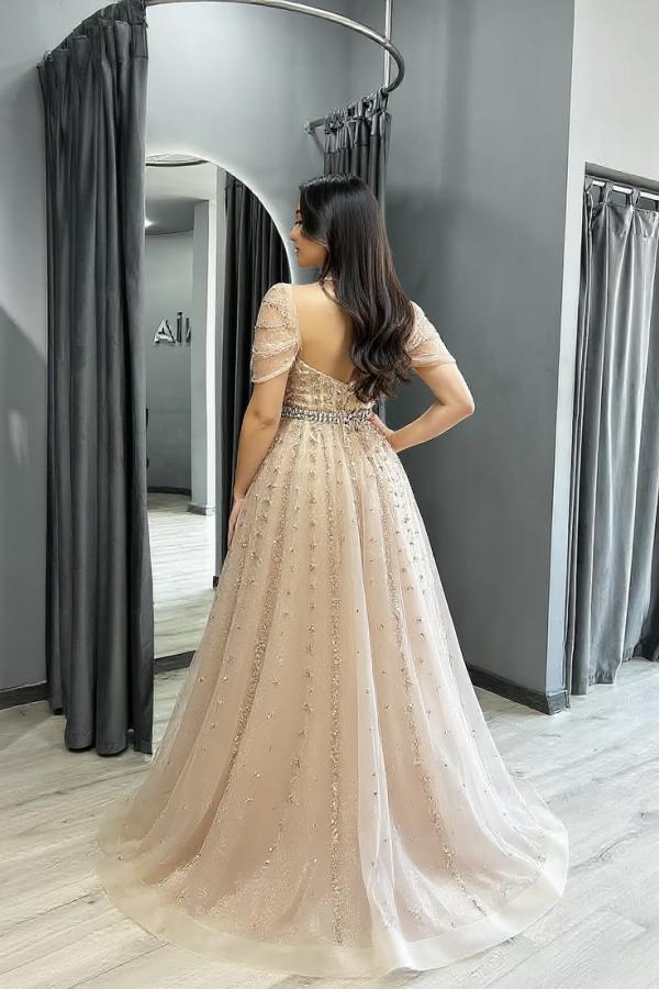 Dreamyannie Women A Line Formal Dress Off the Shoulder Beaded Prom Evening Gown