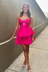 A-Line Fuchsia Homecoming Dress Strapless Pleated Tiered Short Prom Dress