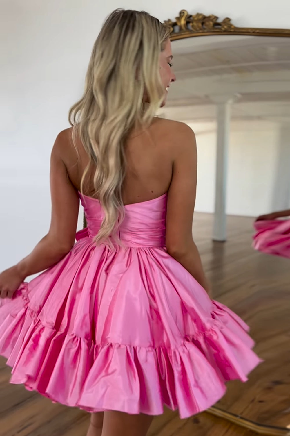 A Line Fuchsia Homecoming Dress Strapless Tiered Short Cocktail Dresses with Bow