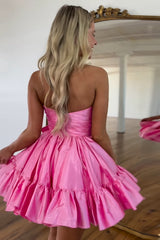 A Line Fuchsia Homecoming Dress Strapless Tiered Short Prom Dress with Bow