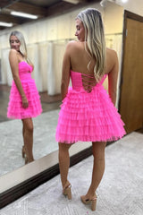 A-Line Fuchsia Homecoming Dress Strapless Tiered Tulle Short Prom Dress with Keyhole