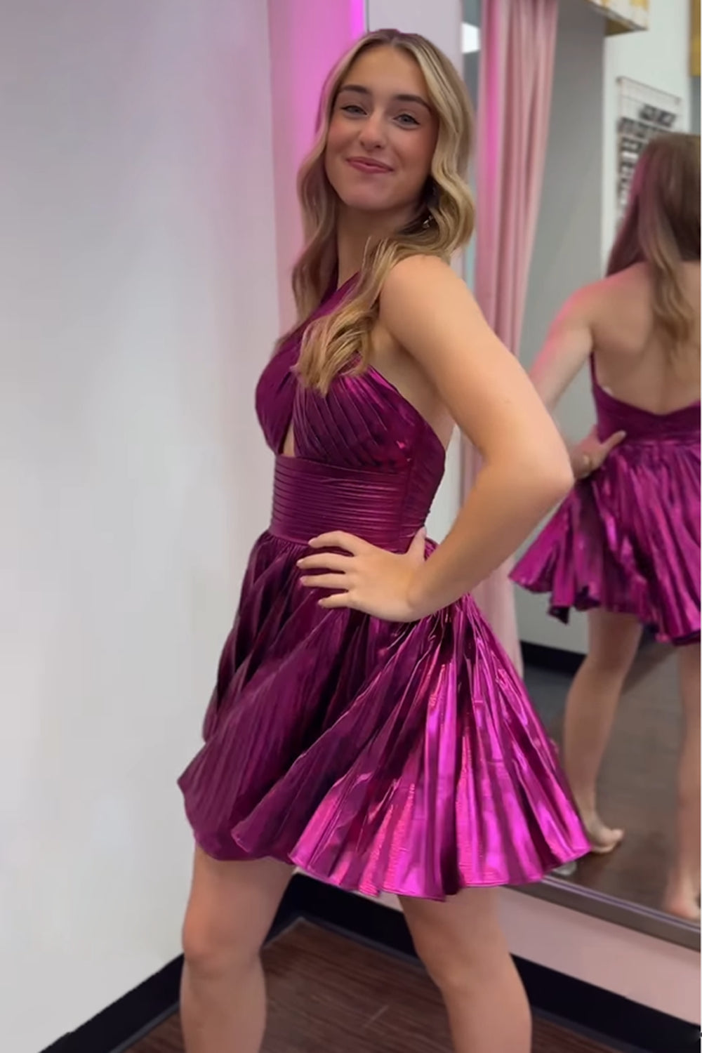 A Line Golden Homecoming Dress Criss Cross Halter Pleated Short Prom Dress