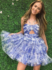 A-Line Halter Neck Short Tiered Tulle Homecoming Dress