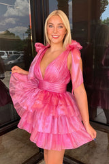 A Line Kelly Green Homecoming Dress V Neck Tiered Short Prom Dress with Ruffles