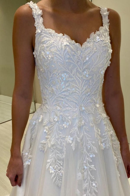 A Line Lace Sweetheart Sleeveless White Wedding Dress Bridal Gown With Appliques