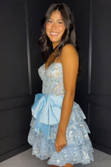A Line Light Blue Homecoming Dress Strapless Short Prom Dress with Bow