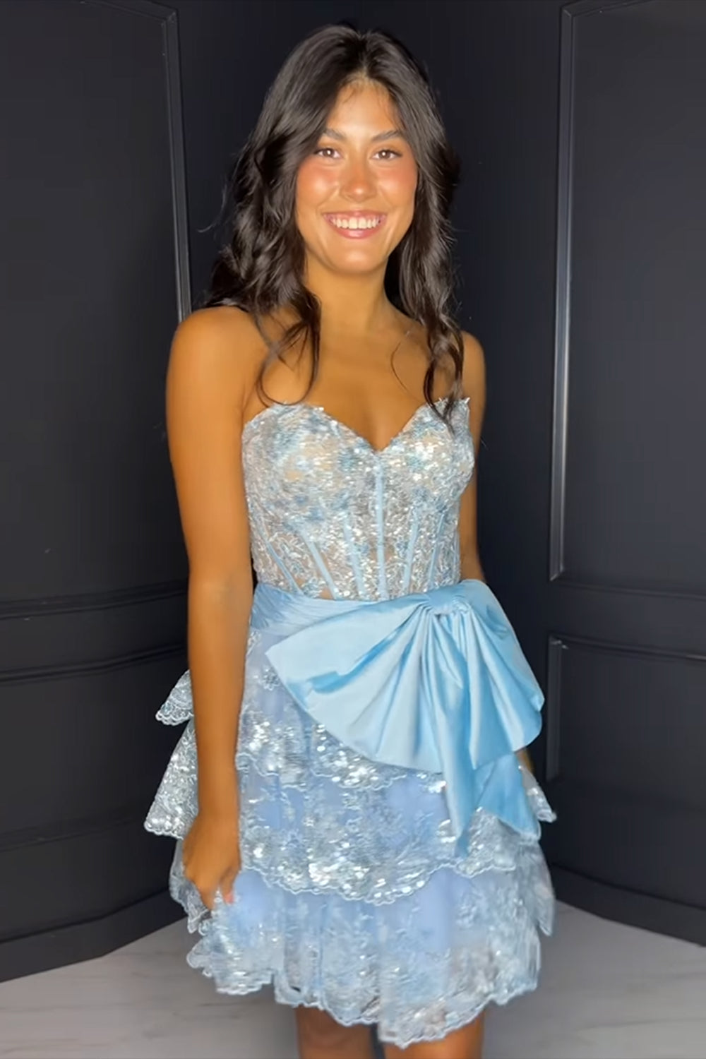 A Line Light Blue Homecoming Dress Strapless Short Prom Dress with Bow